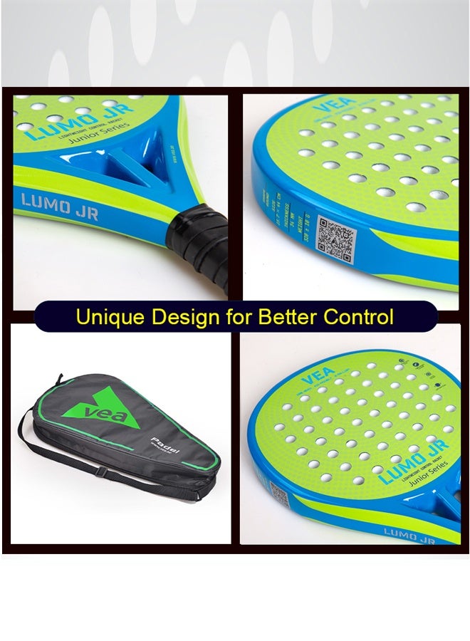 VEA LUMO JR Junior Padel Racket Bundle – Neon Lime Green | Includes 1 Racket and 1 Tube of VEA Padel Balls | 50% Carbon 50% Fiberglass Frame | Soft EVA Core | Lightweight 320g | Glossy Finish - Image 2